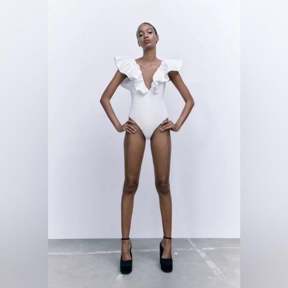 White Ruffle Off-Shoulder Bodysuit - Picture 3 of 9